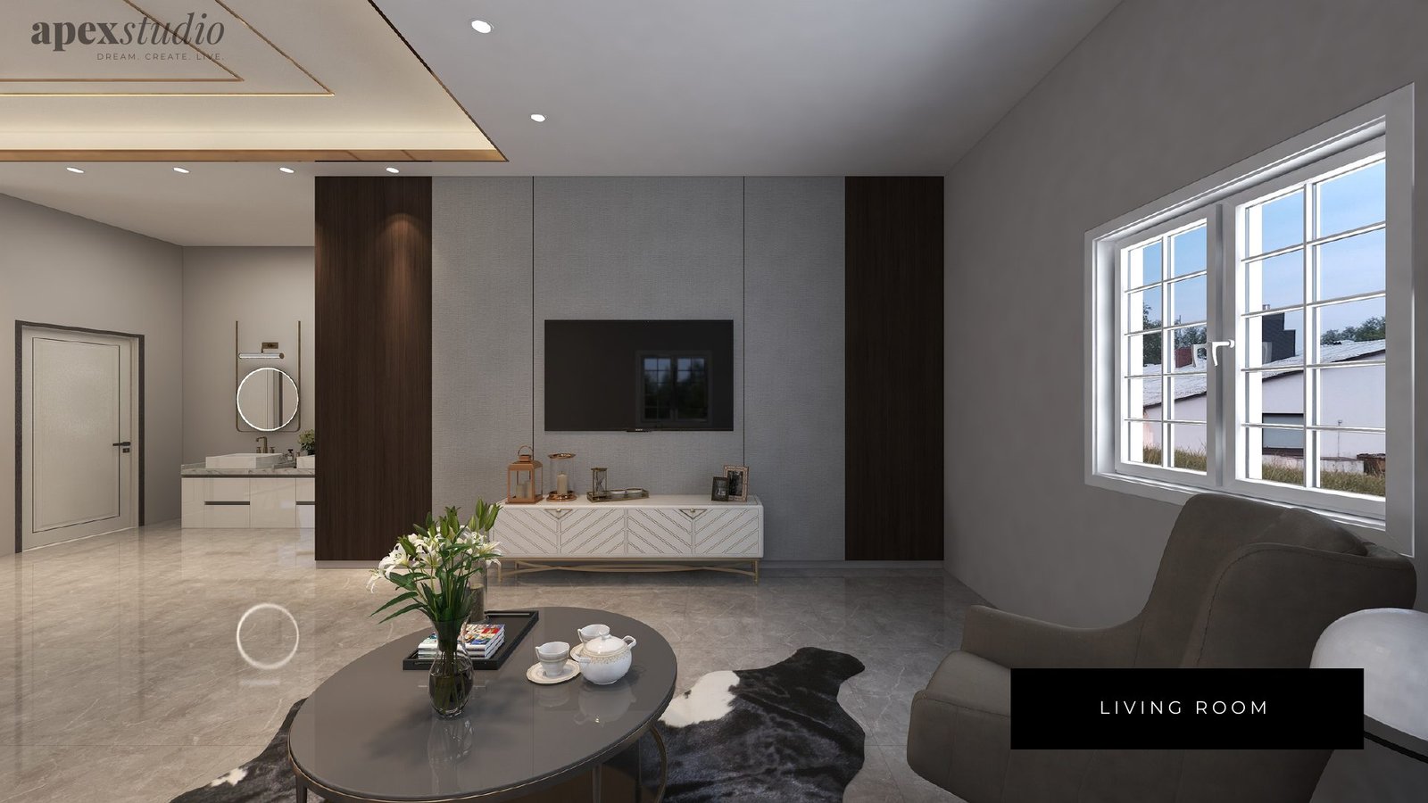 Living room TV wall with panelled finish