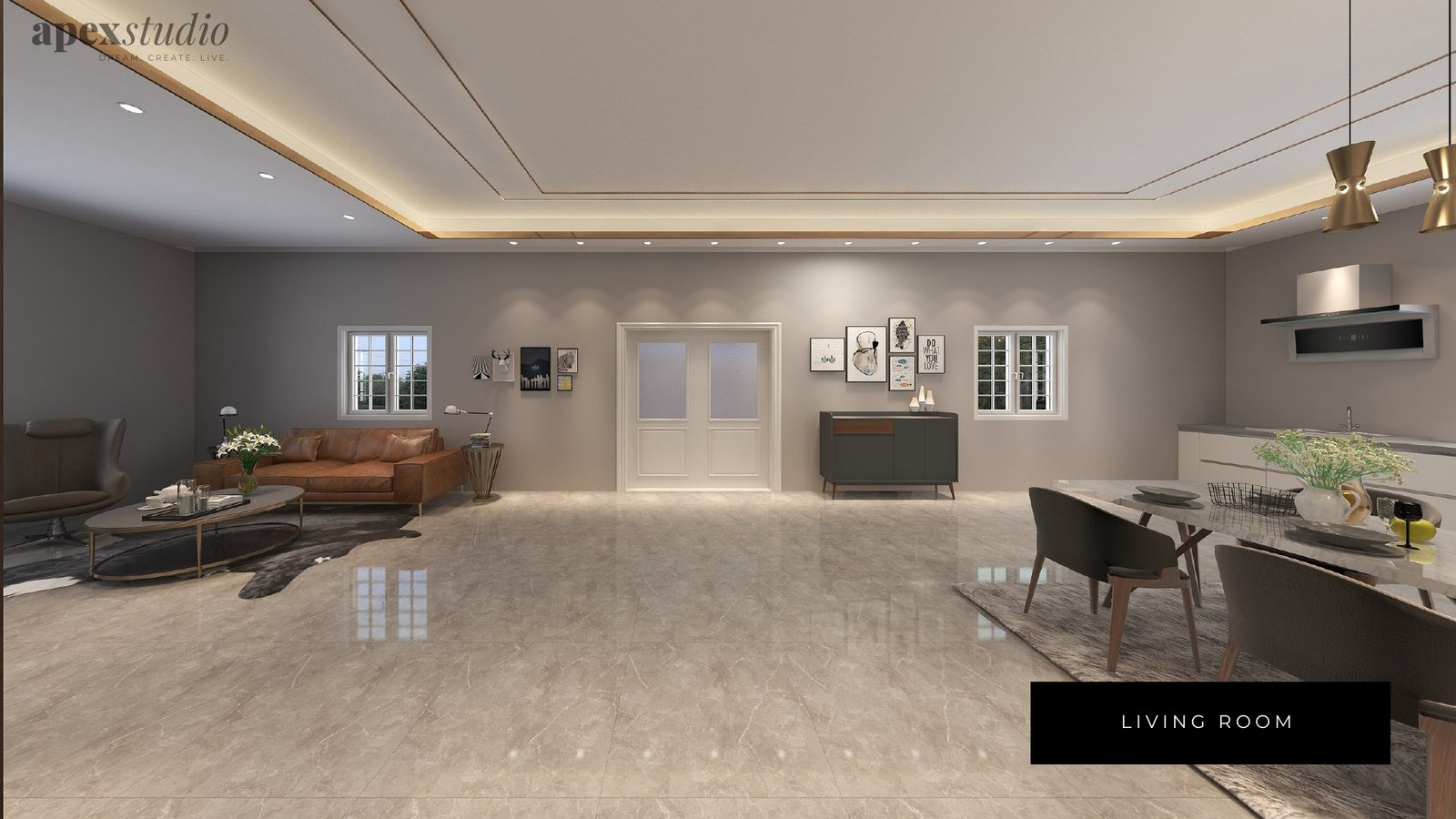 Full living and dining view with leather sofa and marble floor