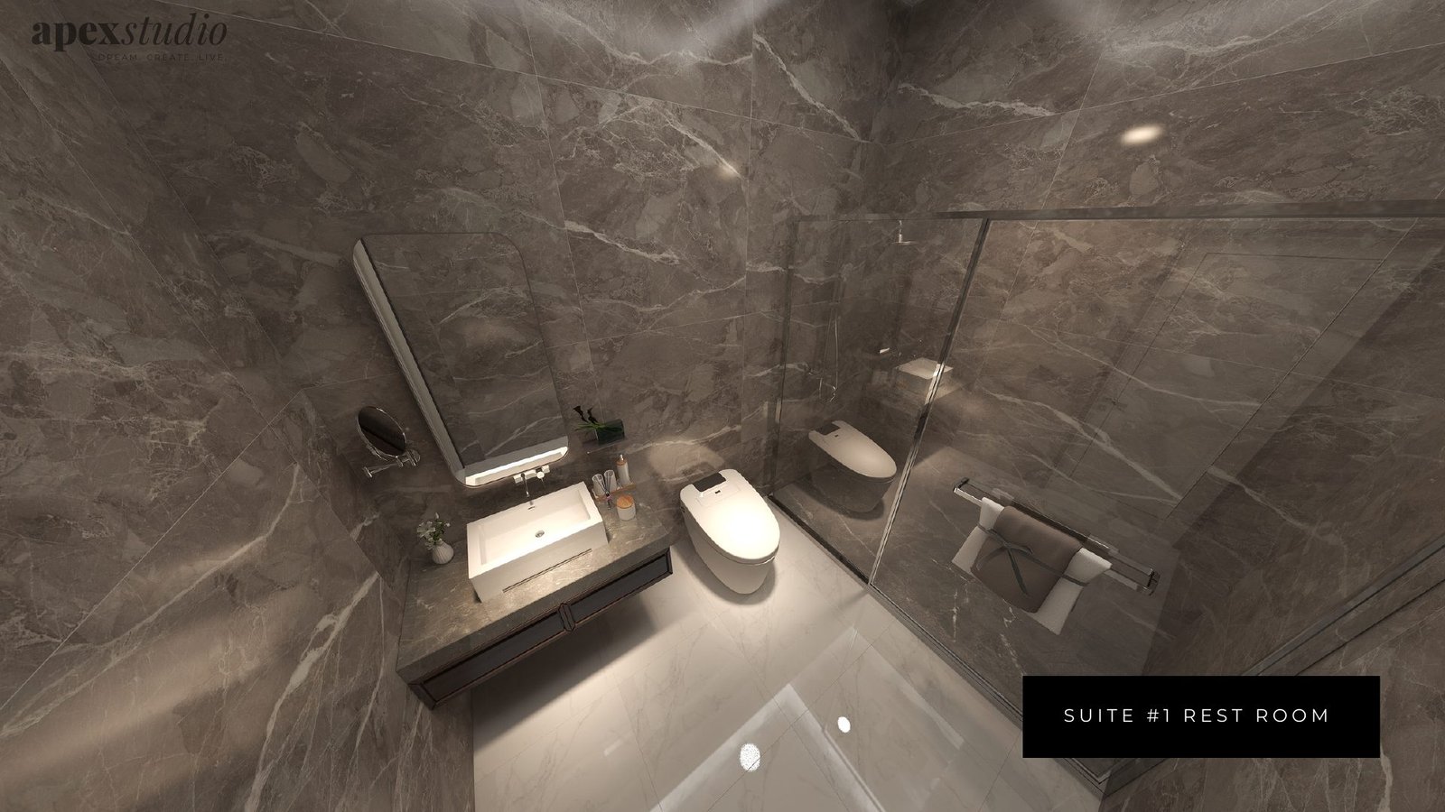 Suite one rest room in dark marble